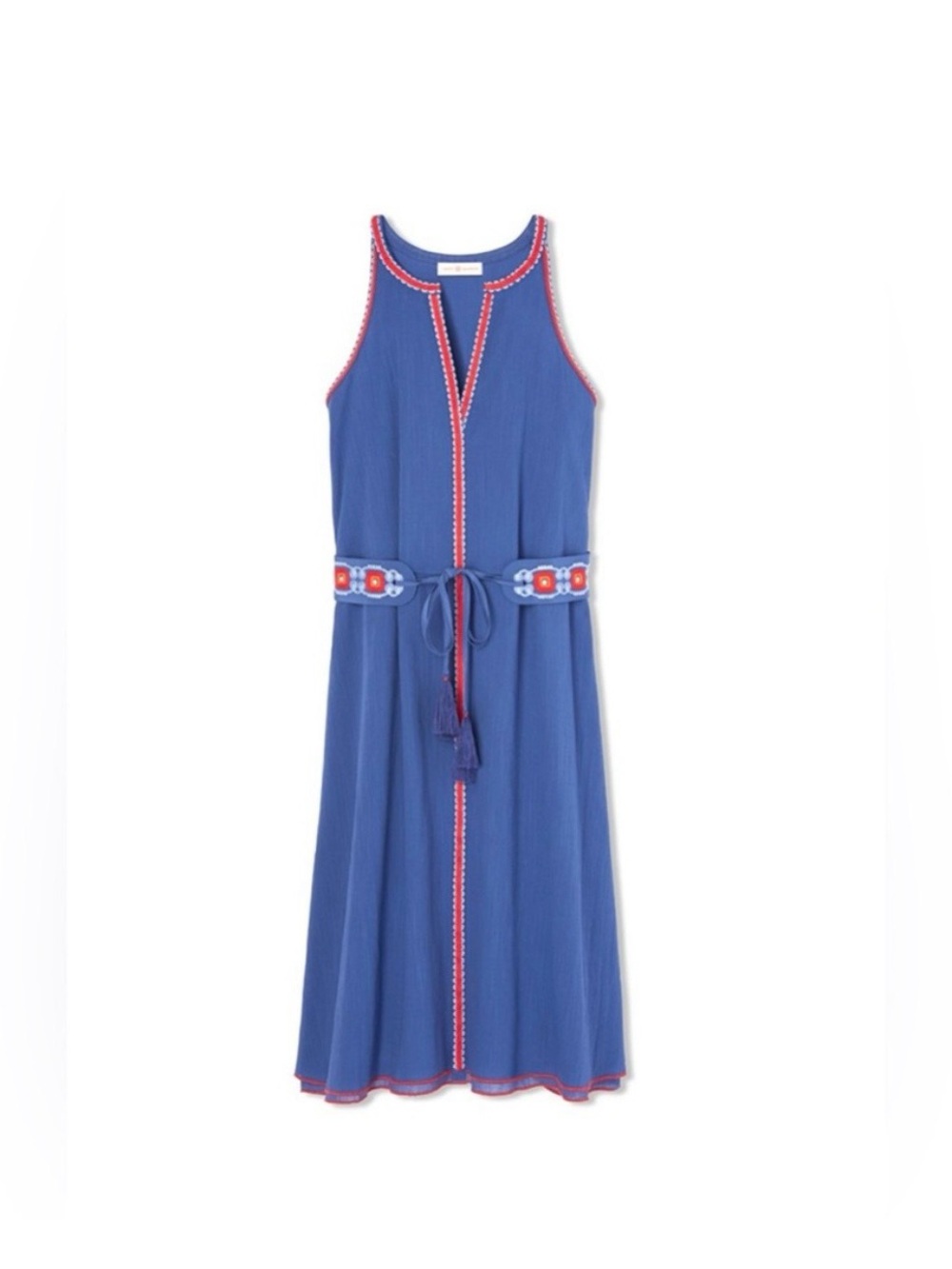 Tory Burch Cotton-Linen Blue Embroidered Tie Wait Dress - Picture 8 of 15